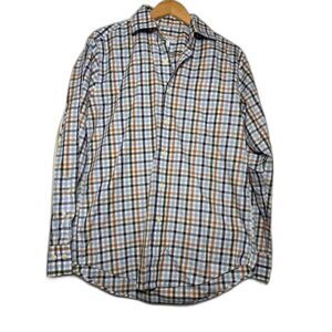 Peter Millar Men's Button Down Shirt Size Medium White Blue Plaid Cotton Work